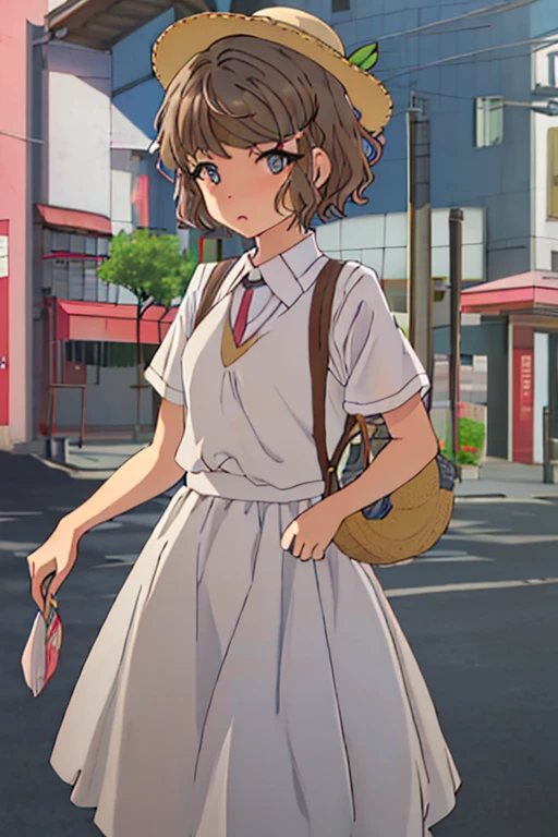 Best Quality, masutepiece, hight resolution, Solo, {koga_La Ba_Kiyoharu Butaro:1.15}, brown_hair, Short_hair, hair_ornament detached, hair clips, Blue_Eyes, Bangs, greys_Eyes，White long skirt integrated dress、large size straw hat，In the street