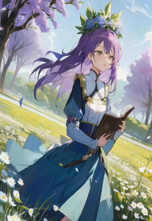 Purple hair anime girl reading a book in a flower field, the non-binary deity of spring, guweiz, guweiz on pixiv artstation, Light Novel Cover Art, Anime style like Fay Night, artwork in the style of guweiz, marin kitagawa fanart, guweiz on artstation pixiv