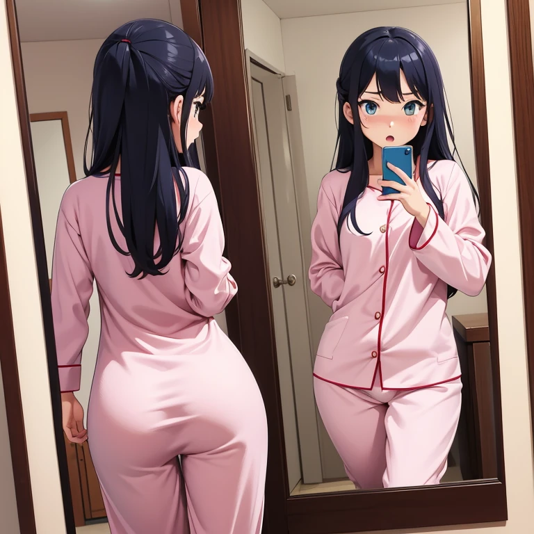 NSFW anime style image of a girl in very tight pajamas looking at herself with a surprised face in the mirror when she sees her reflection.