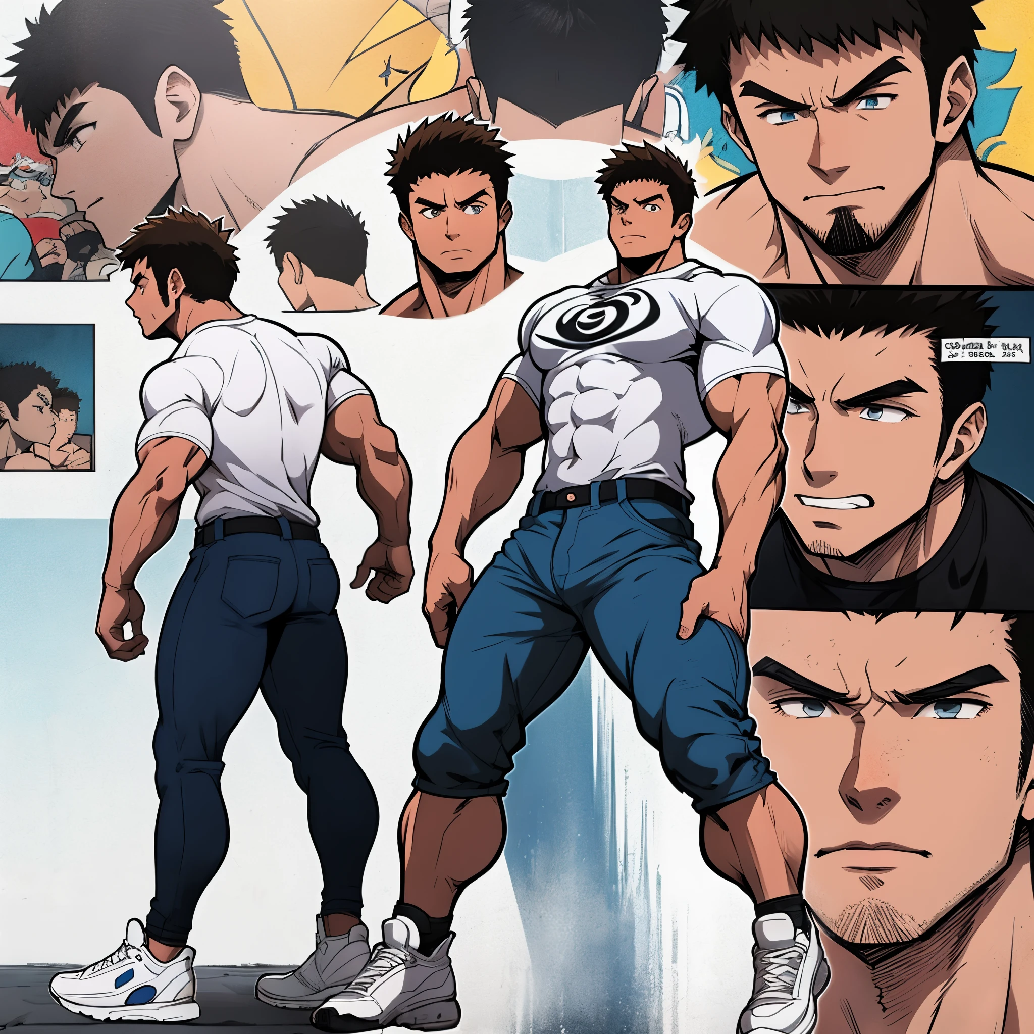 Arte estilo anime, desenho estilo anime, imagem frontal, de corpo inteiro, Personagem masculino musculoso, protagonista, , cabelo curto, cabelo com pontas, cabelo curtinho, personagem musculoso, sem camisa, wearing ripped blue pants, wearing white sneakers. Imagem de corpo inteiro, imagem frontal, personagem protagonista, personagem heroico, postura intimidadora, personagem musculoso, corpo de bodybuilder, imagem frontal, imagem de corpo inteiro, Apenas um persaongem, personagem musculoso!!!