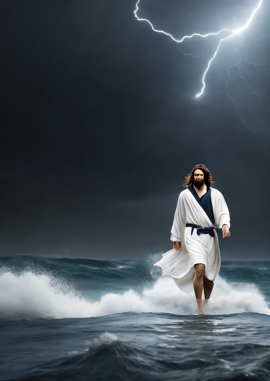 Jesus Christ walking on water in a storm, white robes, waves, soft expression, dark sky with lightning, lightning, photo realism, masterpiece, high quality, high quality, highly detailed CG unit 8k wallpaper, award-winning photos, bokeh, depth of field, HDR, bloom, chromatic aberration, realistic, very detailed, trend in CGsociety, complex, high detail, dramatic, volumetric lighting
