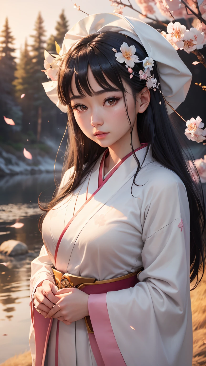 (A logo、masterpiece、8K、masutepiece、Raw photo、Fantastic、Best Quality、Photorealistic and highly detailed CG integrated 8K wallpaper、hightquality、ighly detailed、epic poem、Particle effect、Dynamic effects、depth of fields、Cinematic Light、Lens Flare、Ray tracing)、Fantasia、 (1 beautiful woman in a white coat、robe blanche、Japanese dress、A dark-haired、Beautiful face、Real Face、beautiful details eyes beautiful skin、)、Pink cherry blossom tree、Petals flutter、Sakura blizzard、Superb view、morning glow、Sun in the background、the wind、Deities、tusk、myth、Vast Land、