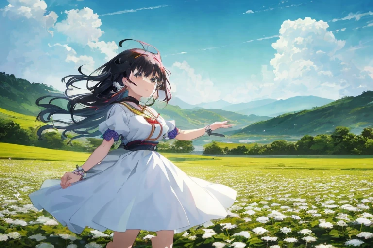 Woman in white dress standing in flower garden, official anime artwork, Official art, anime key art, Anime Background Key Visual, Anime visuals of cute girls, kyoto animation key visual, official artwork, arte koto no ha no niwa, visual novel key visual, anime key visual concept, anime key visual concept art of, anime visual of a young woman
