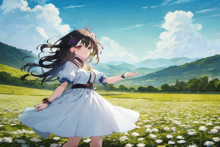 Woman in white dress standing in flower garden, official anime artwork, Official art, anime key art, Anime Background Key Visual, Anime visuals of cute girls, kyoto animation key visual, official artwork, arte koto no ha no niwa, visual novel key visual, anime key visual concept, anime key visual concept art of, anime visual of a young woman