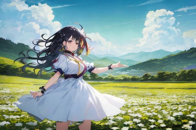 Woman in white dress standing in flower garden, official anime artwork, Official art, anime key art, Anime Background Key Visual, Anime visuals of cute girls, kyoto animation key visual, official artwork, arte koto no ha no niwa, visual novel key visual, anime key visual concept, anime key visual concept art of, anime visual of a young woman
