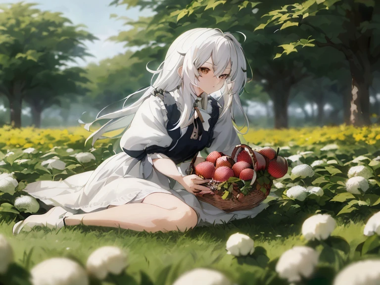 Anime girl sitting in the grass with a basket of apples, Girl with white hair, white haired god, artwork in the style of guweiz, render of april, guweiz on pixiv artstation, official artwork, guweiz, guweiz on artstation pixiv, perfect gray hair girl, the non-binary deity of spring, shikamimi