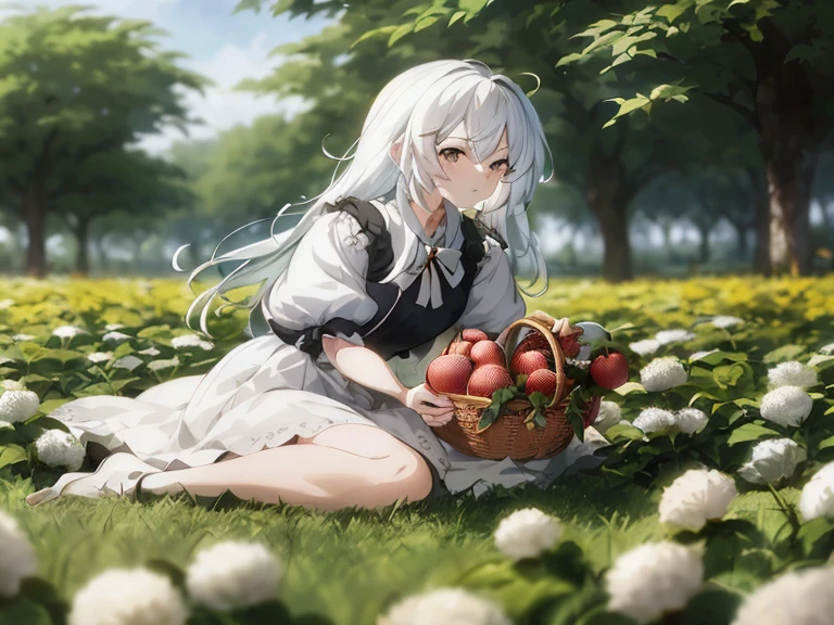 Anime girl sitting in the grass with a basket of apples, Girl with white hair, white haired god, artwork in the style of guweiz, render of april, guweiz on pixiv artstation, official artwork, guweiz, guweiz on artstation pixiv, perfect gray hair girl, the non-binary deity of spring, shikamimi