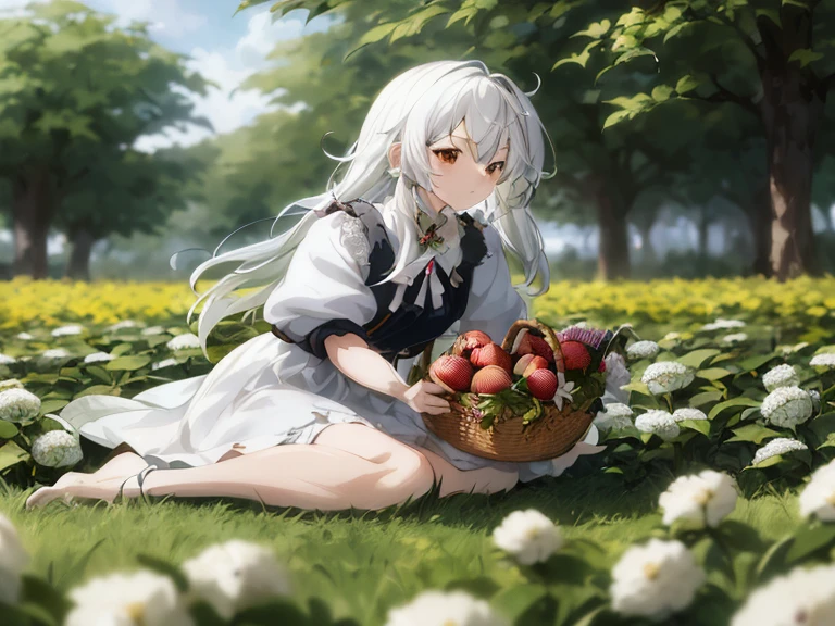 Anime girl sitting in the grass with a basket of apples, Girl with white hair, white haired god, artwork in the style of guweiz, render of april, guweiz on pixiv artstation, official artwork, guweiz, guweiz on artstation pixiv, perfect gray hair girl, the non-binary deity of spring, shikamimi