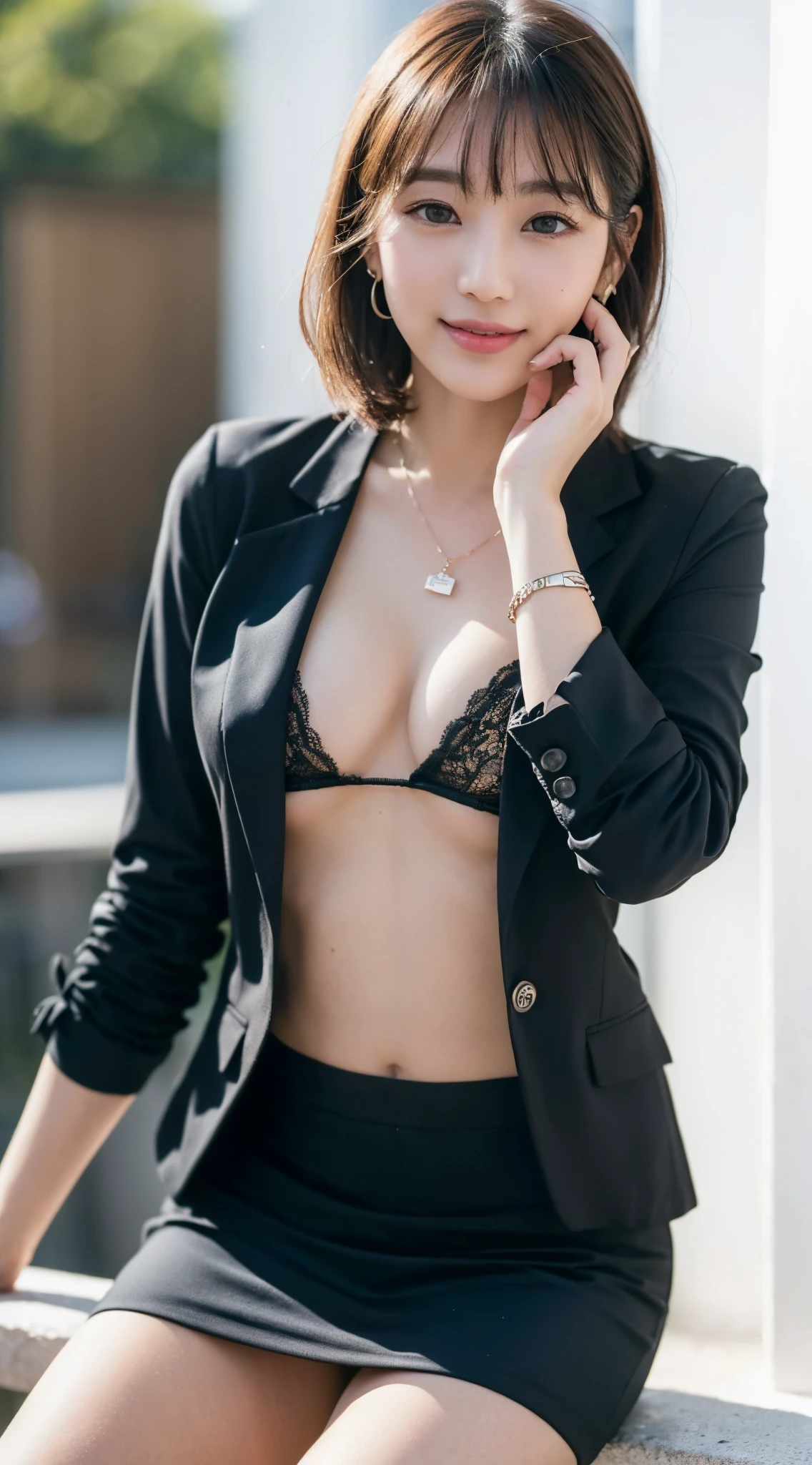 (8K, RAW Photos, of the highest quality, masutepiece: 1.2), ultra-detailliert, Super Resolution, (Real, Real Photos: 1.37), Portraits, High-definition raw color photos, Professional Photos, Very detailed and beautiful, Very detailed, 8K Wallpapers, Amazing details, Huge file size, Official art, Highly detailed CG Unity 8K wallpapers, 1 girl, Upper body, (20:1.2), 20s, Cute Girl, Realistic body, Petite, White skin, Glowing skin, Slim body, Black hair, (((Short hair)), (Dull bangs: 1.2), Smile, Cute, (Miniskirt)), ((In black suit)), ((No bra)), ((Unbuttoned suit)), (Office)), zora々Right, Realistic face, Look at the viewer, Woman in sexy pose: 1.6, ( Necklace), (earrings bracelet)