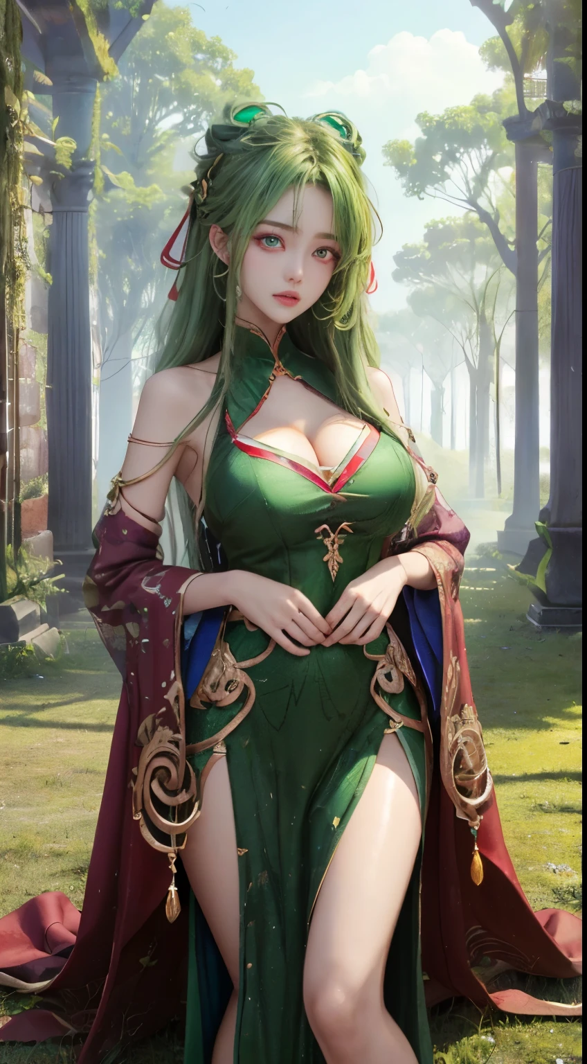 A high resolution, quality, Super quality, the ultra-detailed, lighting like a movie、lies on the ground、Girl's pubic hair、Forest ruins、National costume long hair(Green gradient)、、The breasts are quite big、perfect hips、embarrassed from、Red eye circles、perspired、Wear sweaty、