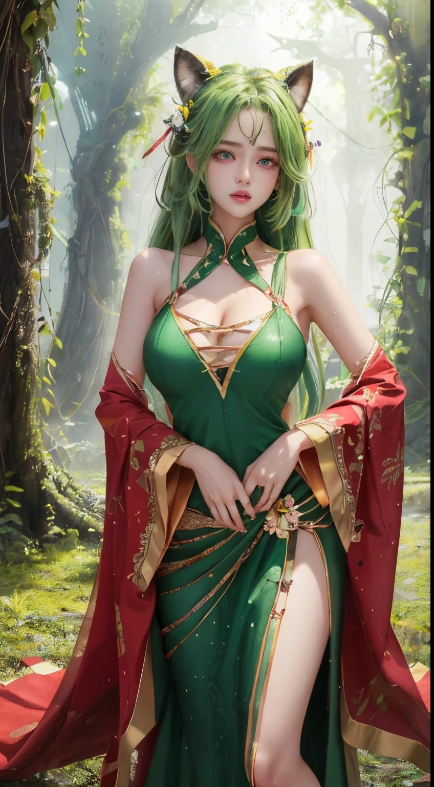 A high resolution, quality, Super quality, the ultra-detailed, lighting like a movie、lies on the ground、Girl's pubic hair、Forest ruins、National costume long hair(Green gradient)、、The breasts are quite big、perfect hips、embarrassed from、Red eye circles、perspired、Wear sweaty、