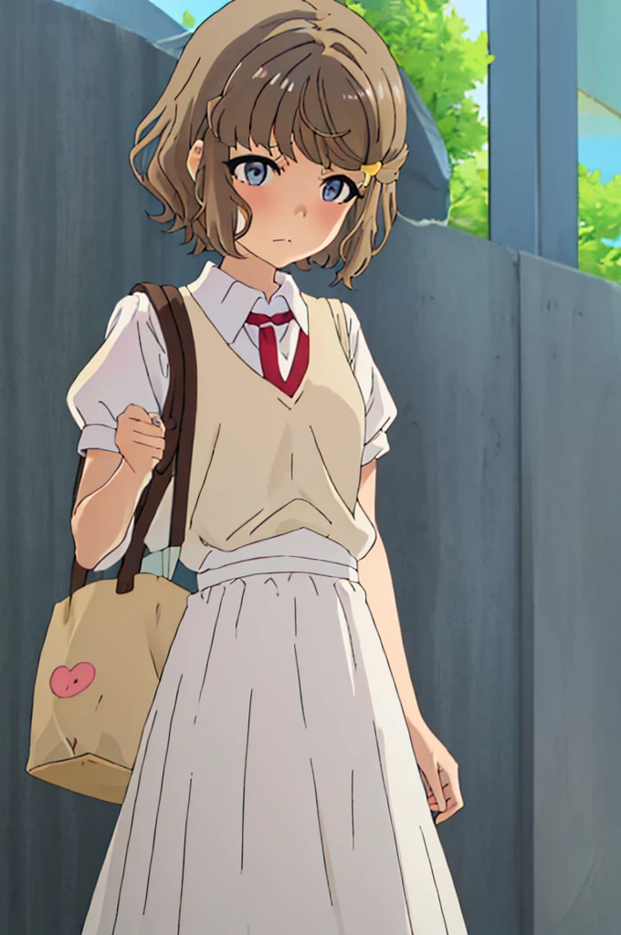 Best Quality, masutepiece, hight resolution, Solo, {koga_The Ba_Taketaro Seiji:1.15}, brown_hair, Short_hair, hair_ornament detached, hair clips, Blue_Eyes, Bangs, greys_Eyes, 1girl in, Closed_Mouth, , white_ up looking_Down,  Short_sleeves, 上半身_Body, White long skirt integrated dress、large size straw hat，