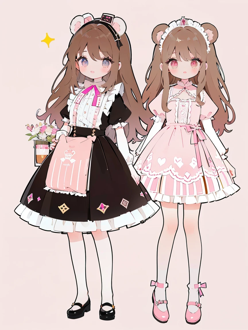 2girls、cute little、panoramic view, head to feet view, masterpiece, top-quality、Top image quality, a village bakery shop background, loli in dress, cute waitress, miuna, slender, (brown hair:1.3), cute face, sparkle big eyes long lashes, medium breasts, (long hair:1.2), full body, (round face:1.4), (round chin:1.4), (glossy lips:1.2), sparkling pink detailed glass eyes,jirai kei,Smile, BREAK, ((gothic lolita janska:1.5)), (Wain reddo jewelry decorated waitress dress, striped pink white and brown dress, pastel color lace decoration), muted colors, pale pastel colours, Floating light spot, ((Princess in a gorgeous rococo ball gown decorated with beautiful embroidery and jewels, with a voluminous full-length hoop skirt with ruffles)), ((crinoline)), (sparkle) of the anime girl, normal hands, detailed five fingers on each hand, 2 hands, 2 legs, 2 feet, white stocking, thigh-highs, lace, brown heel shoes open toe, standing in a dynamic pose, adorned with kawaii accessories cute teddy-bear charms, detailed ((golden chain attached to a brown teddy-bear face plush purse)), hair accessory, at background, detailed cute fluffy brown bear, soft warm inviting cafe table with beautiful french pastries tier platter and detailed coffee cup, pastel brown, white, yellow, light pink colors, striped pink white and pink bakery party, illustration in the style of @ekureea on X twitter, Lolita glam dress, art by @hareroom1 on Twitter, beautiful line art, manga, beautiful line art, manga style, manga art style, pencil and ink caricature drawing, flat colours, detailed, attention to detail,