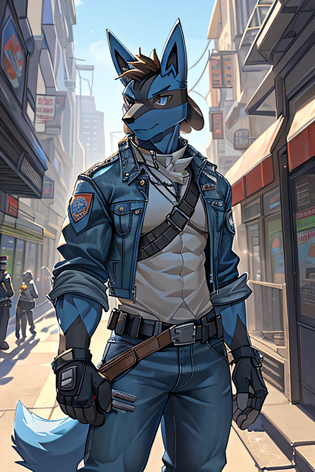 solo (male very muscular lucario) and ((medium-length slicked-back brown hair)) and (large fluffy tail) and ((clear blue-grey eyes)) wearing ((denim jacket and pants)), (white undershirt), (utility belt), (ammo bandolier with pouchelack fingerless gloves). Background is of a (city, day time)