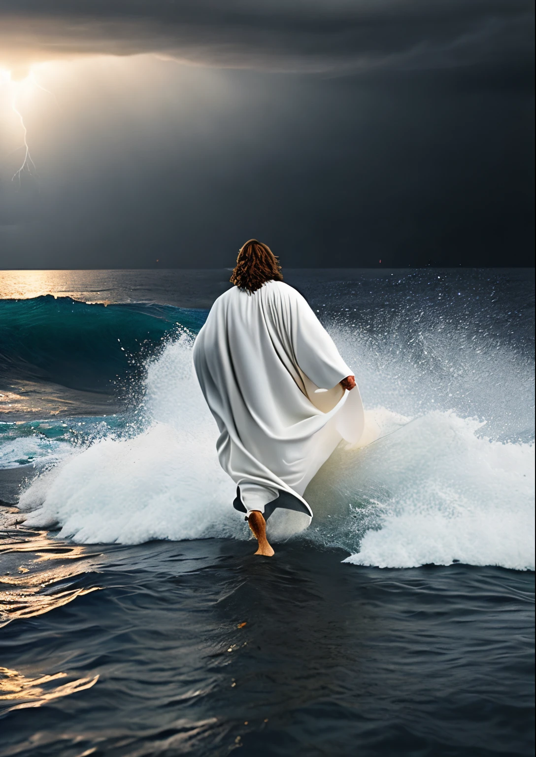 Jesus Christ walking on water in a storm, white robes, waves, soft expression, dark sky with lightning, lightning, photo realism, masterpiece, high quality, high quality, highly detailed CG unit 8k wallpaper, award-winning photos, bokeh, depth of field, HDR, bloom, chromatic aberration, realistic, very detailed, trend in CGsociety, complex, high detail, dramatic, volumetric lighting