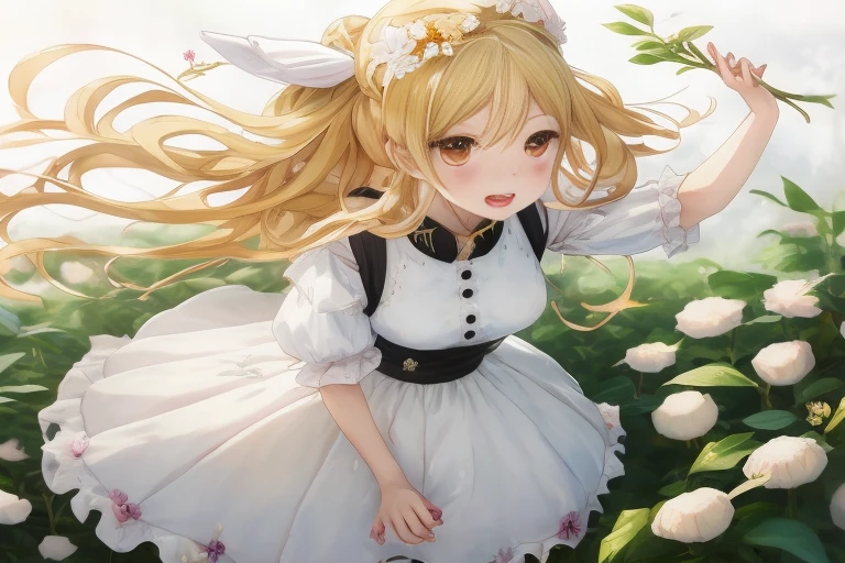 Anime girl in a white dress with long blonde hair and flowers, in dress, a maid in a magical forest, Cute anime waifu in a nice dress, splash art anime loliweiz on pixiv artstation, small curvy loli, LoAnime visuals of cute girls, guweiz, anime girls in maid costumes