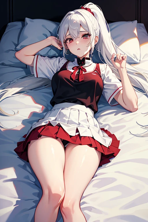 White hair，High ponytail，Anime shoujo，jk，Lie down in bed，Be red in the face，spread thighposing her skirt to the audience and leaking white liquid