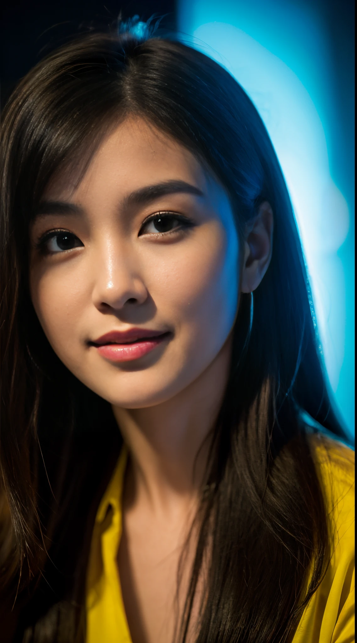 highest quality, epic realistic, ((in the pitch black darkness :1.4)), ((portrait:1.5)),(background: dark ) high contrast ,glorious picture, lowest lux, lighting face, she's comfortable, wearing nothing, , looks incredible, (8k, Raw photo, Highest quality),(epic realistic:1.5), a woman, face,(detailed eyes:0.8),(looking at the camera:1.4), (Highest quality), ( high contrast, deep shadows),Intricate details,cinematic,((skin:1.4)), (long dark hair:1.3), long hair, messy ,(Hdr:1.5),Detailed, colors, Superior quality, Masterpiece, Raw Photo (20-year-old, looking at viewer), beautiful, (wearing plain yellow shirt,), perfect, natural, perfect composition, portrait, perfect face, smiling expression, Captivating eyes, Bright details, Tight lips, (High Skin Detail),, (blue tint: 0.6), (sale: 0.8), (bloody: 0.7), Key lighting , (backlight: 0.5), Medium depth of field, Canon 5d, 50mm lens, f/4 apertures, (Ultra-detailed, Complex detail), sharp focus, soft colors, 8k, Absurd, 80mm, bokeh background, photography, smiling, pinay, filipina, large boobs, neon lights background