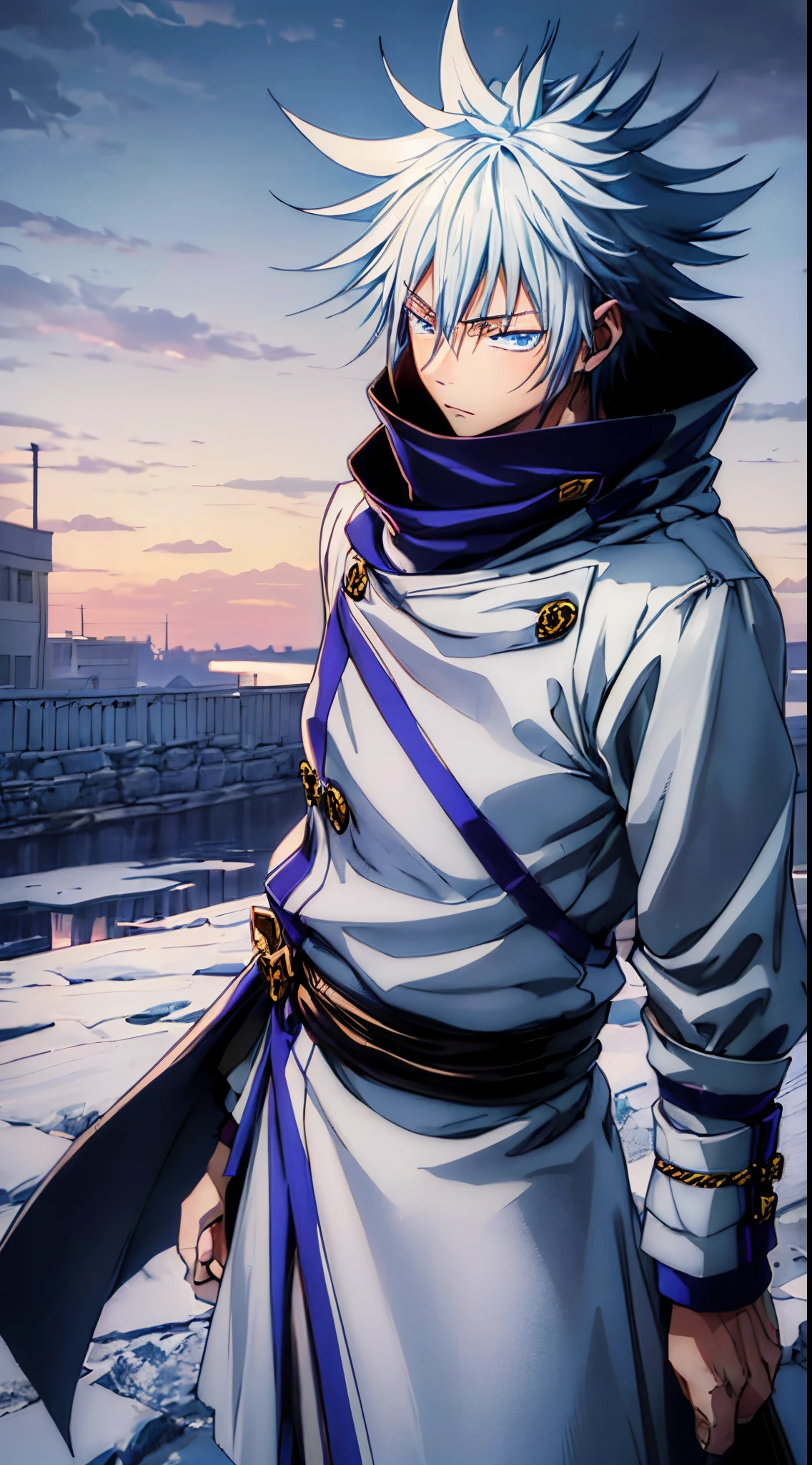 (1guy,Ryomen Sukuna, best quality,Beautiful eyes, detailed eyes),(Highly detailed 8K background, best shadow), A highly detailed, ((Winter clothes, daylight, winter))), (cowboy shot), anime, Town, Best quality high detail, 4k