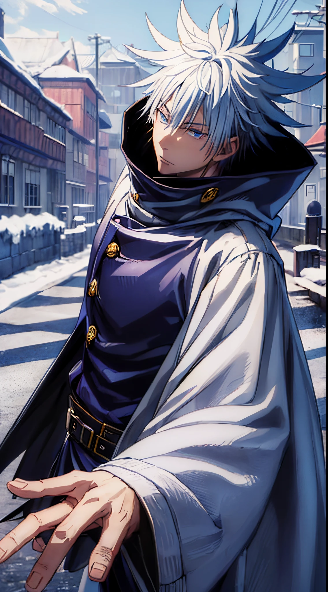 (1guy,Ryomen Sukuna, best quality,Beautiful eyes, detailed eyes),(Highly detailed 8K background, best shadow), A highly detailed, ((Winter clothes, daylight, winter))), (cowboy shot), anime, Town, Best quality high detail, 4k