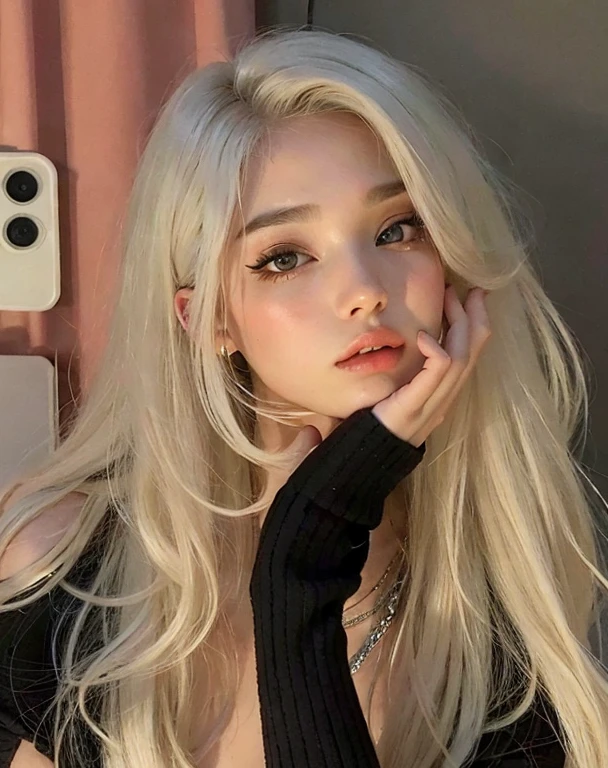 Mulher loira com cabelo comprido tirando uma selfie em frente a um espelho, ava max, perfeita de cabelos brancos, her hair is white, meninaabelo branco, com cabelos longos brancos, longos cabelos loiros e olhos grandes, com longos cabelos brancos, longos cabelos brancos e franja, Retrato de Kim Petras, longos cabelos loiros e olhos grandes, cabelo branco bonito, pale hair
