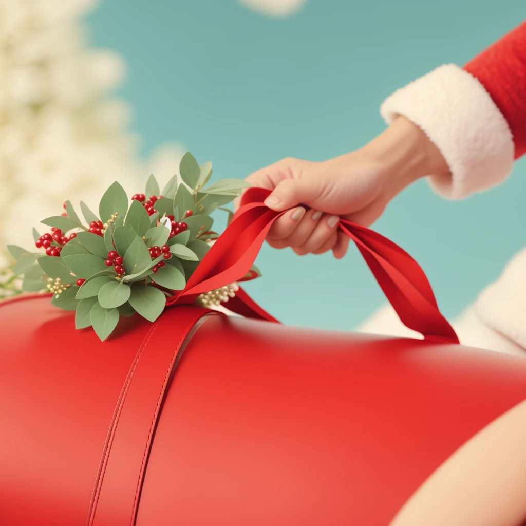 Someone is holding a red bag,There is a bouquet of flowers on it, close up photograph, vacation, santa, Close-up shot, Inspired by Sylvia Sleigh, the detail, give people gifts, santa, close up photograph, sitting on santa, santa, Concept film, closeup view, closeup view, closeup cleavage, Close-up shot, Close-up shot