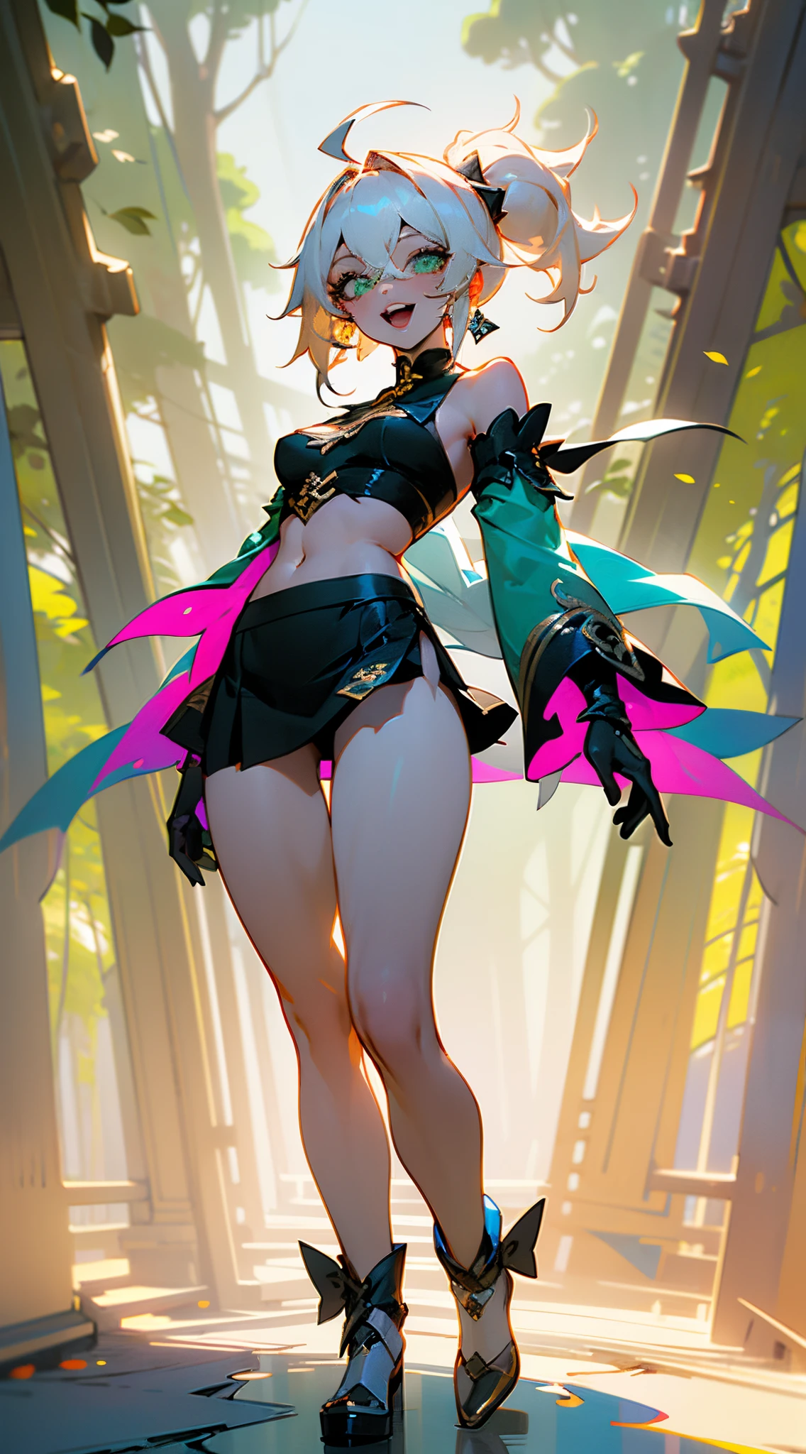 (Young beautiful girl，Super Meticulous，Unity 8k壁纸，Sunglasses):1.3,((​masterpiece)),(((Best Quality))),((Ultra-detailed, Best Shadow)),((Illustration)),(Dark and beautiful eyes Dark and beautiful eyes),(abstract flower ohm on),See the viewer,looking through legs,(细致背景,Dark Fantasy), (beautifull detailed face), High contrast, (Best Illumination, extremely delicate and beautiful), ((Cinematic Light)), barechested、teats、Colorful, ultra -detail, Dramaticlight, Intricate details,(1girl in), (Ahoge),  (Bow), (), (necklac), (鎖骨), (Detached sleeves), (Green eyes), (hair adornments), (Long hair), (See the viewer), (Midriff), (Navel), (Open mouth), (School uniform), (Skirt), (Smile), (solo dance), (thighs thighs thighs thighs),Woman in costume，(Whole human body)，Genshin Yura:2.0,，In the forest，Kneel，Look up at you，an ，Kneel before you