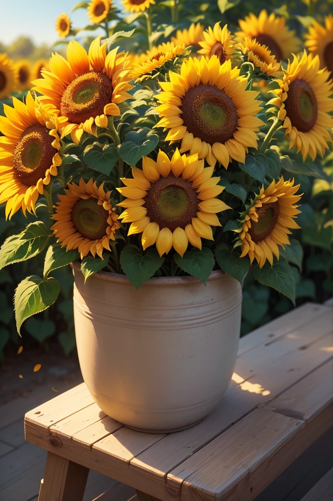 (best quality,4k,8k,highres,masterpiece:1.2),ultra-detailed,sunflower field,bright and vibrant colors,large and vibrant sunflowers,close-up of sunflower petals,natural lighting,soft shadows,painting-like quality,impressionist style,Golden Hour lighting,Bees pollinating the sunflowers,Golden Ratio composition,lush green leaves,clear blue sky,serene and peaceful atmosphere,subtle wind movement,detailed textures of sunflower seeds.