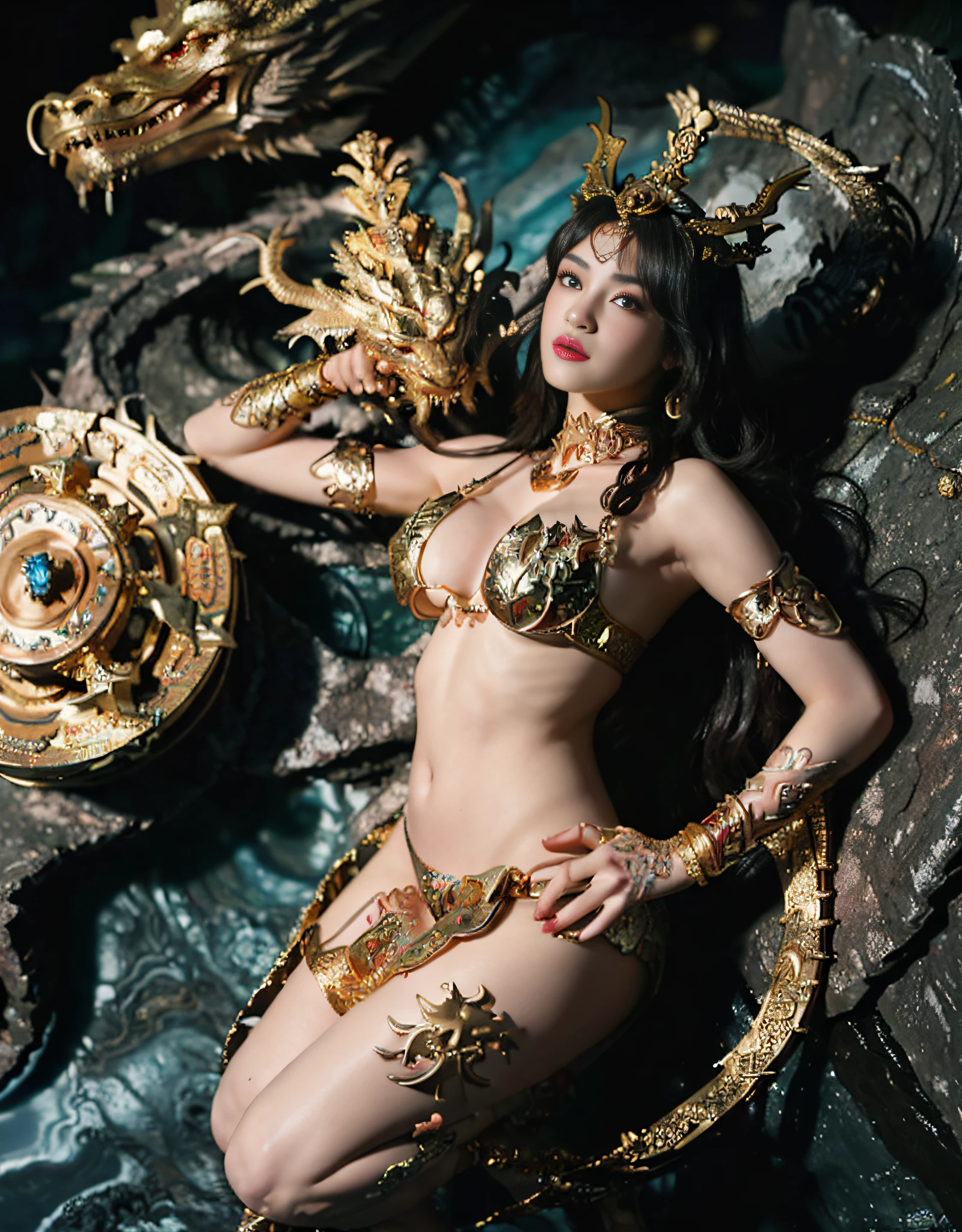 (intense chest expression),top-quality、masterpiece、超A high resolution、(dragon armor)、(((Colossal tits))),dragon armor、(((large floral ornament on the head))),(((Detailed Micro Bikini))),(Wearing a beautiful crown made of jewels),(Photorealsitic:1.4)、Raw photo、1人、(((Random hair))、(((Take different poses)))、glowy skin、(((gold china dragon)))、Intricate and ornate hair ornaments、(Looks like a gorgeous jewelry necklace)、(Full Body Angle)、(fight big dragonet bikini)、((Beautiful sea background)),()、Precipitous cliffs、(Castle background)、((super realistic details))、portlate、globalillumination、(sexypose)、Shadow、octan render、8K、ultrasharp、Colossal tits、Raw skin exposed in the cleavage、metals、Details of complex ornaments、Japan details、highly intricate detail、Blue eyes、Eyes shining towards the camera、Toostock、(Full Body Angle)、(veils)、(((Heavy Big))),((she is wearing a beautiful jeweled bangle.)),