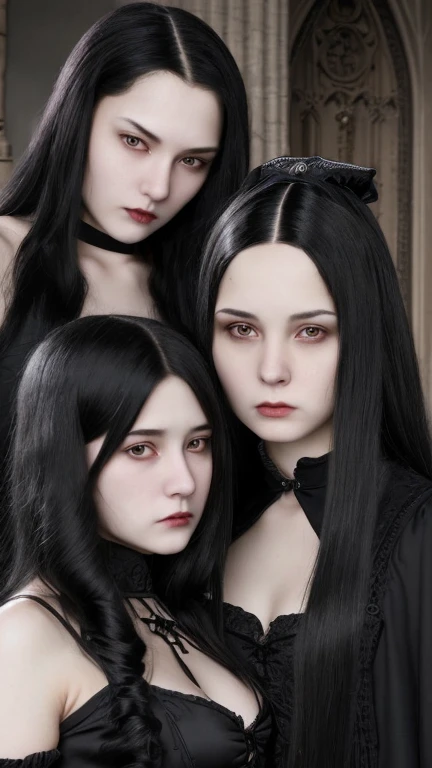 wo sisters of different ages, one middle-age and one , lesbiansed face, black hair, long hair, arrogant, sexy, mysteriousurvy, witches, vampire, catholic, gothic