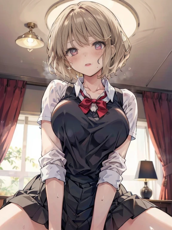 1girl in, 独奏,  Lori, Short hair, Cute, 

Sweat, Heart-shaped pupil, cum on, nedium breasts, 
Half closed eyes, blush, 
view the viewer, From below, Focus, 
Particles of light, Love hotel bedroom, 
tmasterpiece, top-quality, Anatomically correct, anime big breast,
angle of view, girl on top, straddle,  Life,
koga, Y shirt