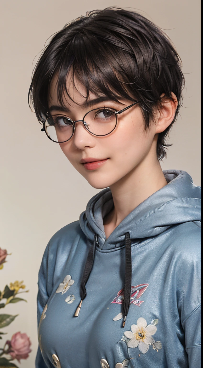 135
(a 20 yo woman,Wearing sportswear), (A hyper-realistic), (high-level image quality), ((beautiful hairstyle 46)), ((short-hair:1.46)), (Gentle smile), (breasted:1.46), (lipsticks), (Wearing glasses), (darkened room), (florals), (wearing hoodies)