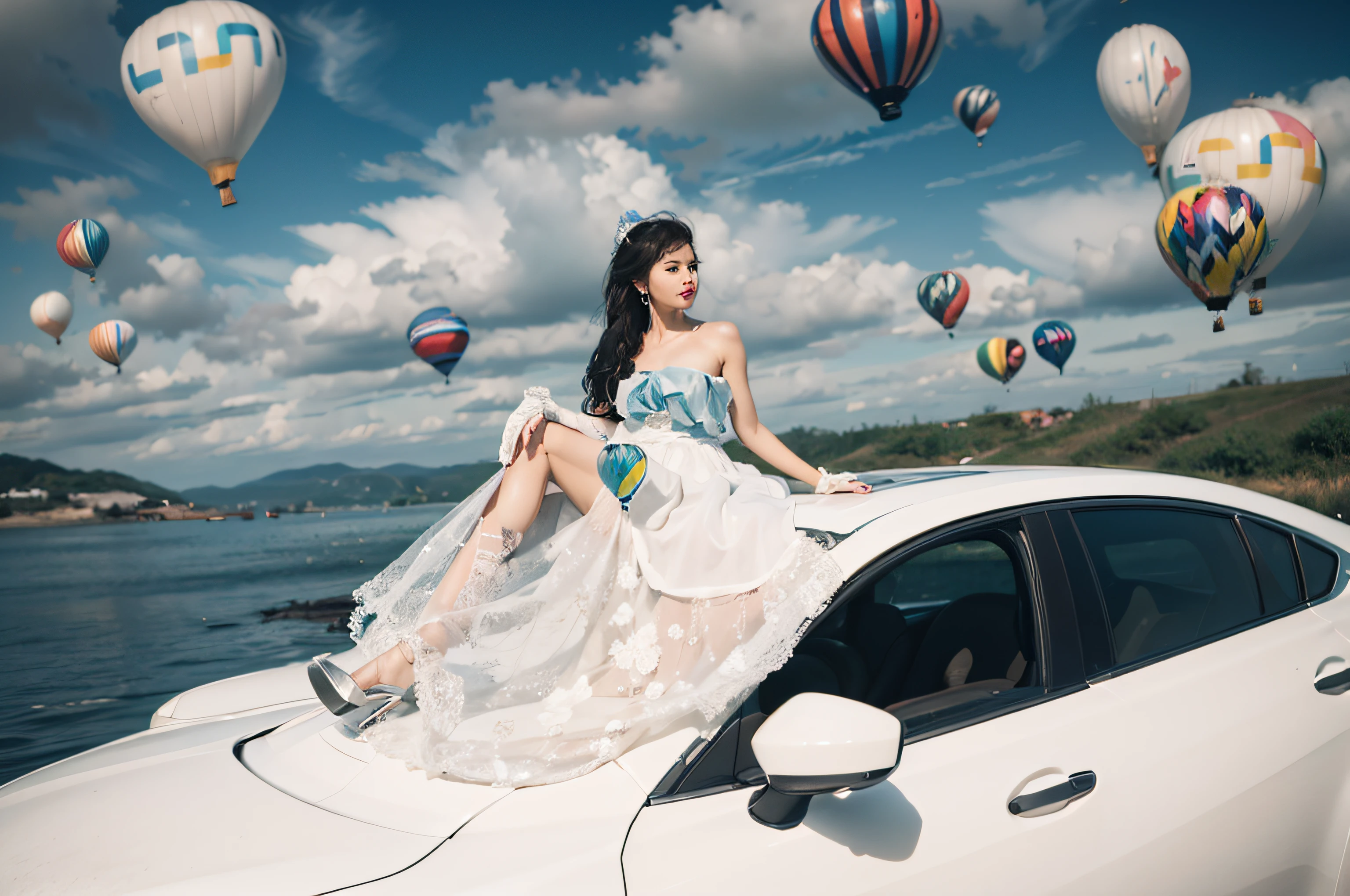 Random posture, mix4,(8k, RAW photo, best quality, masterpiece:1.2), (realistic, photo-realistic:1.37),1girl,cute,cityscape, night, rain, wet, professional lighting, photon mapping, radiosity, physically-based rendering,, gradient black colour hair,, White hair, short curly hair, handsome, girl, white ball suit, top quality picture, high resolution, 1080p, (clear face), (detailed  description), (detailed hand description), (masterpiece), (exquisite CG), extreme light and shadow, messy hair, master's work, rich detailine  features), (highest quality picture), (masterpiece), (detailed eyes),Look ahead with your eyes,Fine collarbone, air balloons