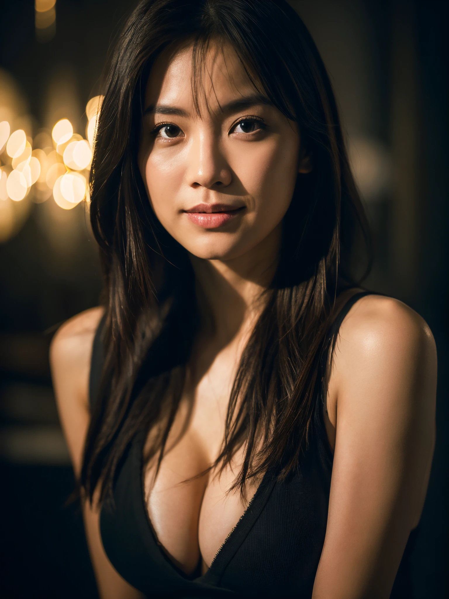 highest quality, epic realistic, ((in the pitch black darkness :1.4)), ((portrait:1.5)),(background: dark ) high contrast ,glorious picture, lowest lux, lighting face, she's comfortable, wearing nothing, , looks incredible, (8k, Raw photo, Highest quality),(epic realistic:1.5), a woman, face,(detailed eyes:0.8),(looking at the camera:1.4), (Highest quality), ( high contrast, deep shadows),Intricate details,cinematic,((skin:1.4)), (long dark hair:1.3), long hair, messy ,(Hdr:1.5),Detailed, colors, Superior quality, Masterpiece, Raw Photo (20-year-old, looking at viewer), beautiful, (wearing plain yellow shirt,), perfect, natural, perfect composition, portrait, perfect face, smiling expression, Captivating eyes, Bright details, Tight lips, (High Skin Detail),, (blue tint: 0.6), (sale: 0.8), (bloody: 0.7), Key lighting , (backlight: 0.5), Medium depth of field, Canon 5d, 50mm lens, f/4 apertures, (Ultra-detailed, Complex detail), sharp focus, soft colors, 8k, Absurd, 80mm, bokeh background, photography, smiling, pinay, filipina, large boobs, neon lights background, bokeh