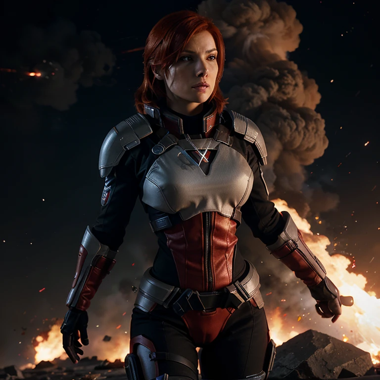 Red head femshep saving the world, mass effect, action scene, explosion, scifi background, scifi weapon