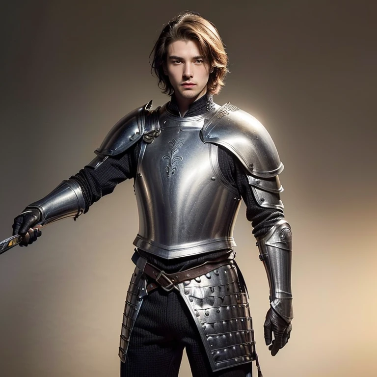 (((masterpiece, 1boy))) (Roland is a handsome young Breton man, late s, 6' tall, knightly, athletic, his chestnut hair is cut short, the gaze of his hazel eyes is ardent and determined, despite his boyish appearance, in combat he wears sleek form-fitting gothic plate armour, showing off the hefty chainmail bulge of his crotch, and wields a sword, a sallet helmet covers his head)