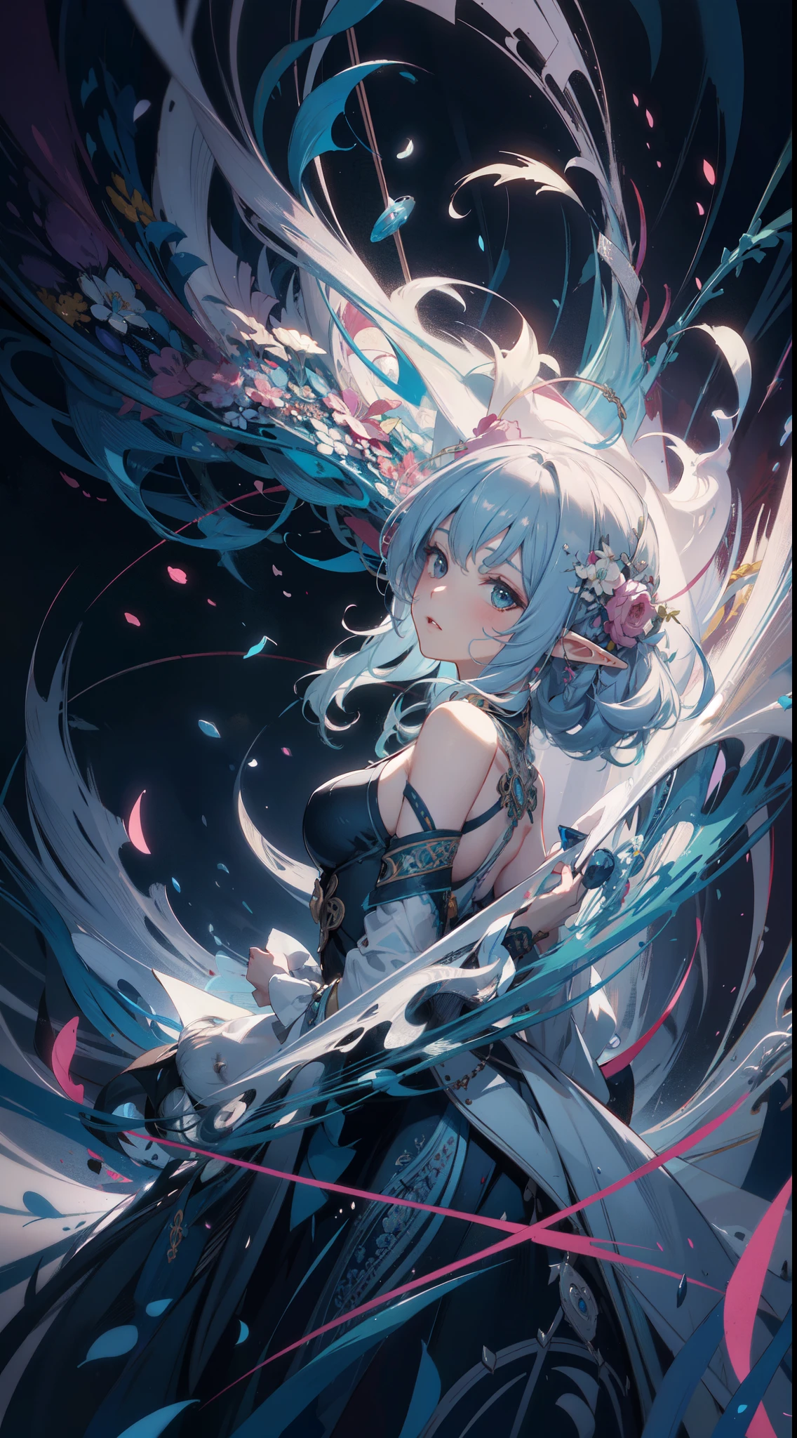 official art, unity 8k wallpaper, ultra detailed, beautiful and aesthetic, masterpiece, best quality, (zentangle, mandala, tangle, entangle), (fractal art:1.3) , (elf), 1girl, extremely detailed, dynamic angle, cowboyshot, the most beautiful form of chaos, elegant, a brutalist designed, vivid colours, romanticism, by Artgerm, Wadim kashin, Kawacy, atmospheric, ??????? of musical notes, streaming musical notes visible