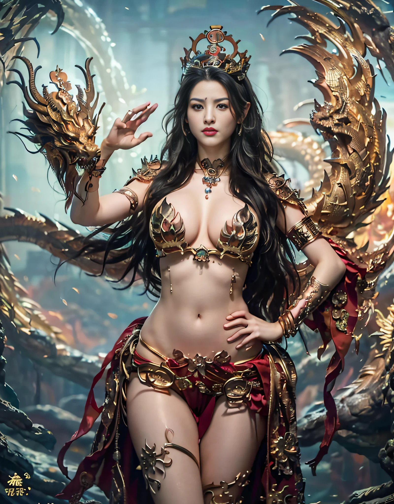 (intense chest expression）,top-quality、​masterpiece、超A high resolution、（dragon armor）、(((Colossal tits))),dragon armor、(((large floral ornament on the head))),(((Detailed Micro Bikini))),(Wearing a beautiful crown made of jewels),(Photorealsitic:1.4)、Raw photo、***1人、(((Random hair))、(((Take different poses)))、glowy skin、(((gold china dragon)))、Intricate and ornate hair ornaments、（Looks like a gorgeous jewelry necklace）、（Full Body Angle）、（fight big dragonet bikini）、((Beautiful sea background)),()、Precipitous cliffs、(Castle background)、((super realistic details))、portlate、globalillumination、（sexypose）、Shadow、octan render、8K、ultrasharp、Colossal tits、Raw skin exposed in the cleavage、metals、Details of complex ornaments、Japan details、highly intricate detail、Blue eyes、Eyes shining towards the camera、Toostock、（Full Body Angle）、（veils）、(((Heavy Big))),((she is wearing a beautiful jeweled bangle.)),