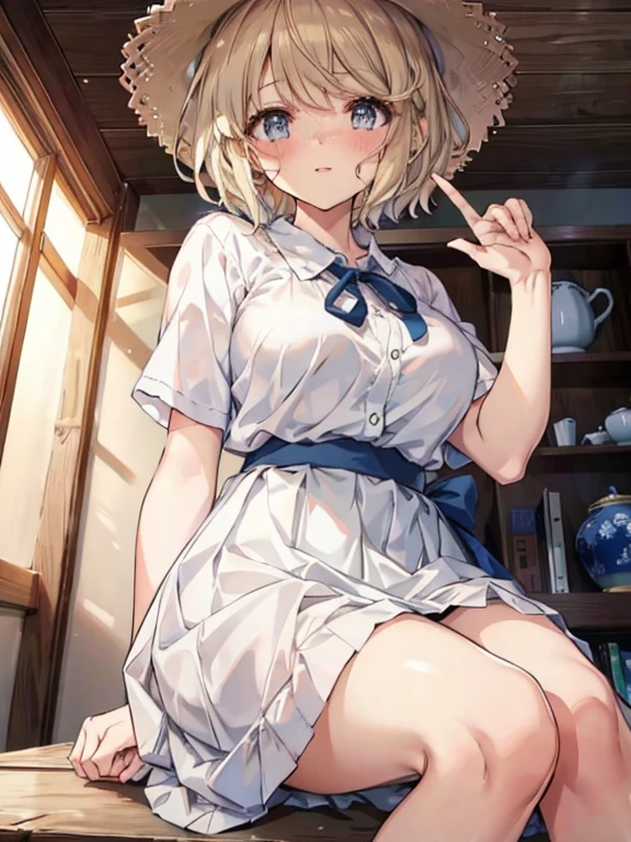 1girl in, 独奏,  Lori, Short hair, Cute, 

 nedium breasts, 
, blush, 
view the viewer, From below, 
Particles of light, 
tmasterpiece, top-quality, Anatomically correct, anime big breast,
angle of view, girl on top,   Life,
koga, White long skirt integrated dress、large size straw hat，sandal，