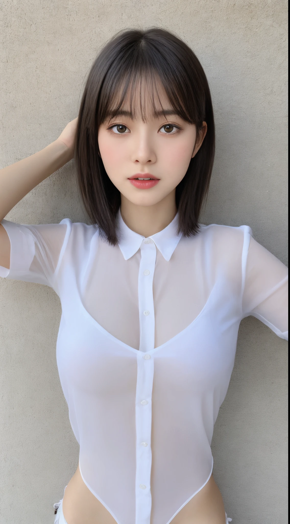 delicated face,Elaborate Eyes,The transparent shirt opens,small、Underwear missing tail、Cute big breasts,Upper part of the body、The mouth opens in an O-shape