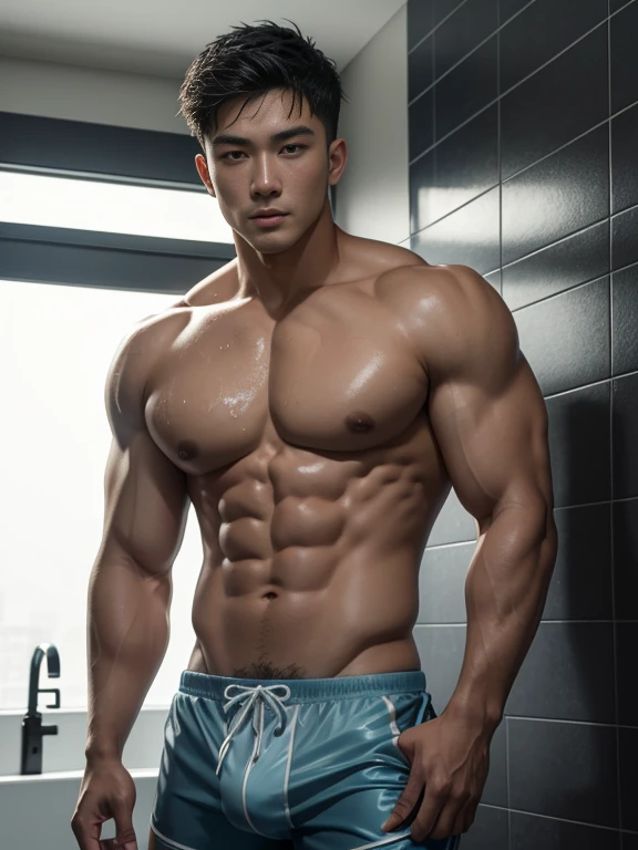 masseter membrane、well built、Asian male celebrity、male people、25 age old、cool guy、chest muscle、(cool guy)、Brush cut、gay twinks、 scantily clad、cool guy、Muscular、largeeyes、cool guy、High value、(Big breasts are beautiful)、The skin is smooth and delicate、Introduction to Hyde&#39;s entry and exit.、NS rich sizes、Authentic texture、Full body photo、Ultra-thin transparent swimming trunks、large bulge、Big bag、Obvious big bag、Rugby player、soles of feet、pioneer、everlasting、Very handsome and cuaugh happily、Portrait photos、profesional lighting、8K分辨率、beautifuldetails、ultra - detailed、Take a shower in the bathroom