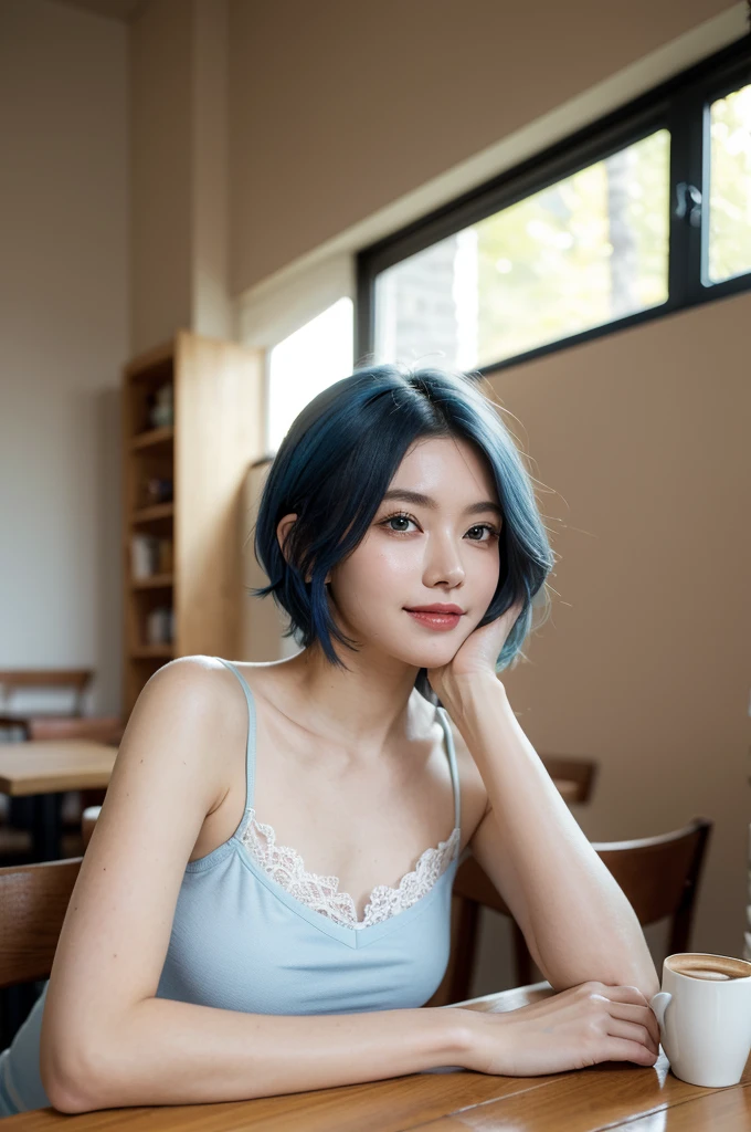 Highly detailed CG Unity 8k wallpaper,quality,ultra - detailed,tmasterpiece,realistically,Live photos, real photograph,authentic skin texture, a beauti, blue hair color short hair,blue hairs,Short hair details,short hair girl,femele: 25 age old,wearing white camisole,looking at viewert,ssmile,The background is the interior of the cafe,There is a table in front of me,There was a cup of coffee on the table,Perfect body line,blue hairs,very feminine