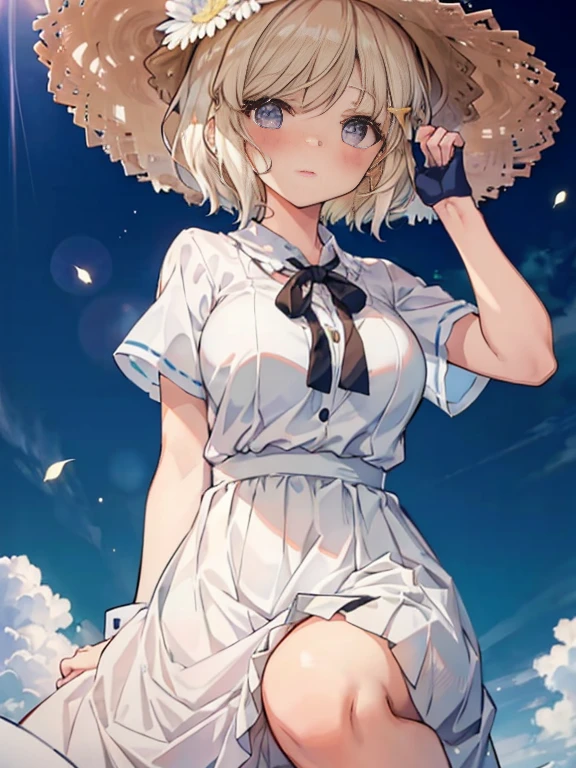 1girl in, 独奏,  Lori, Short hair, Cute, 

 nedium breasts, 
, blush, 
view the viewer, From below, 
Particles of light, 
tmasterpiece, top-quality, Anatomically correct, anime big breast,
angle of view, girl on top,   
koga, White long skirt integrated dress、large size straw hat，