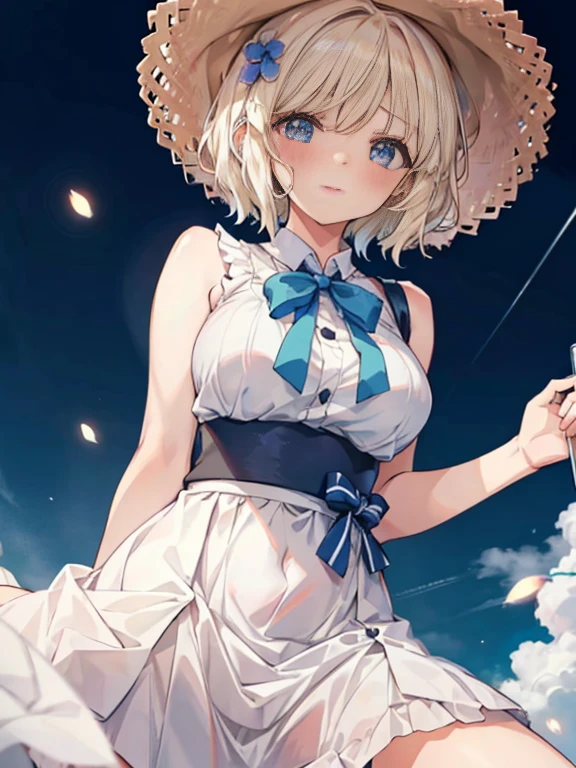 1girl in, 独奏,  Lori, Short hair, Cute, 

 nedium breasts, 
, blush, 
view the viewer, From below, 
Particles of light, 
tmasterpiece, top-quality, Anatomically correct, anime big breast,
angle of view, girl on top,   
koga, White long skirt integrated dress、large size straw hat，