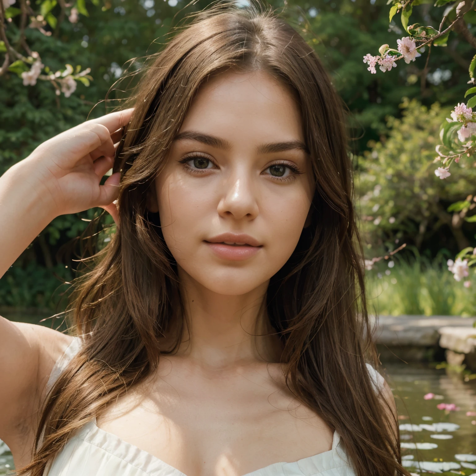 (best quality,4k,8k,highres,masterpiece:1.2),ultra-detailed,(realistic,photorealistic,photo-realistic:1.37),smooth skin,flawless complexion,sharp facial features,beautiful detailed eyes,beautiful detailed lips,dainty nose,straight eyebrows with perfect arch,elegantly shaped forehead,lustrous long hair,glossy strands of hair,cascading waves of hair,subtle highlights,natural-looking hair color,soft, warm lighting,natural daylight streaming in,immaculate makeup,subtle contouring,rosy cheeks,natural pink lips,clear blue skies,serene garden,tranquil environment,sprawling green meadows,tall swaying trees,light breeze rustling the leaves,delicate flowers in full bloom,tranquil pond with gentle ripples,peaceful atmosphere.