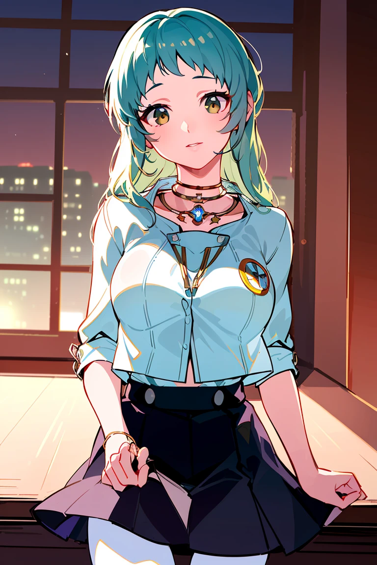 8k, best quality, ultra high res, ultra detailed, extremely detailed lighting, cinematic lighting, soft lightasterpiece, high quality:1.4), realistic, (finely detailed beautiful, cowboy shot, solo, 1girl, yamagishi fuuka, long hair, school uniform, skirt, white pantyhose, jewelry, necklace, upper body