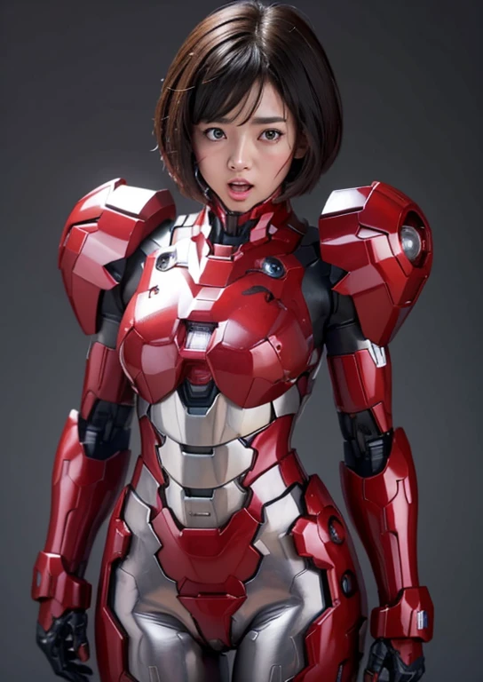 Female Iron Man(Red and black)、The sheen、short cut hair、Textured skin, Super Detail, high details, High quality, Best Quality, hight resolution, 1080p, hard disk, Beautiful,(Gundam),beautiful cyborg woman,Mecha Cyborg Girl,Battle Mode,Girl with a Mecha Body,She wears a futuristic Gundam mecha,Fulll body Shot、、Expression of bitterness、Sweaty face、、Open your mouth wide to the maximum、Full Face Mask、a sultry、sodden、placement、Steam from the head、Spread your crotch、The pubic area is visible、Opening Mouth、