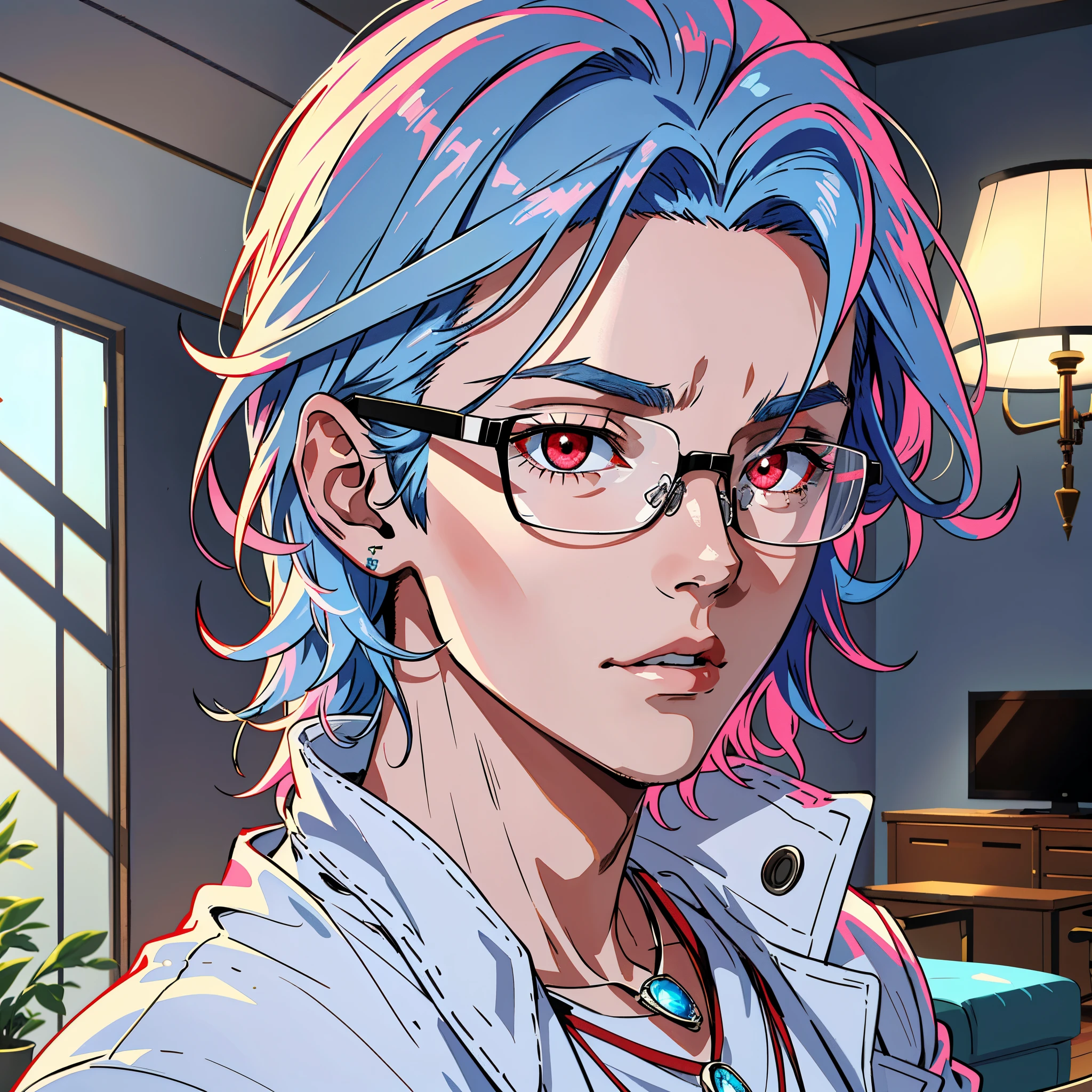 (Masterpiece, Best Quality, Ridiculouilm Lighting, Best Quality, Ultra Detailed, Masterpiece, Fine Lines,, 1 Man: 20 years old, Detailed eyes, Blue hair color head style, Red eyes, White coat, Pink T-shirt, Black glasses, Jewelry, Necklace, Glowing Eyes, Light, (color), Upper body, Anger, Indoor, Living room, Accusation
