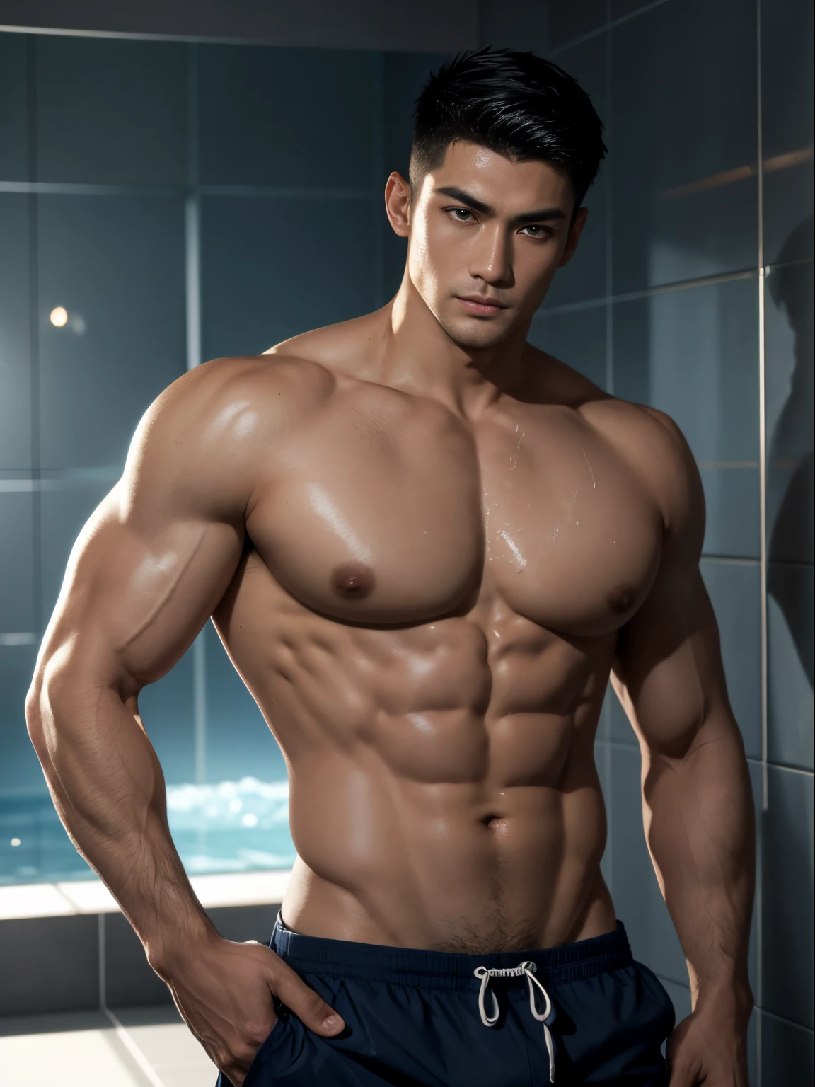 masseter membrane、well built、Asian male celebrity、male people、25 age old、cool guy、chest muscle、(cool guy)、Brush cut、gay twinks、 scantily clad、cool guy、Muscular、largeeyes、cool guy、High value、(Big breasts are beautiful)、The skin is smooth and delicate、Introduction to Hyde&#39;s entry and exit.、NS rich sizes、Authentic texture、Full body photo、Ultra-thin transparent swimming trunks、large bulge、Big bag、Obvious big bag、Rugby player、soles of feet、pioneer、everlasting、Very handsome and cuaugh happily、Portrait photos、profesional lighting、8K分辨率、beautifuldetails、ultra - detailed、Take a shower in the bathroom