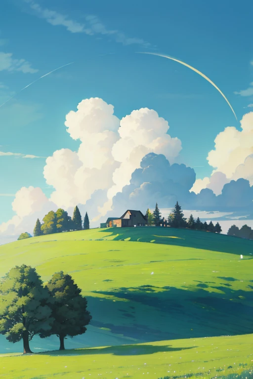 beautiful landscape of a clean field with a lawn clouds in the sky background with trees